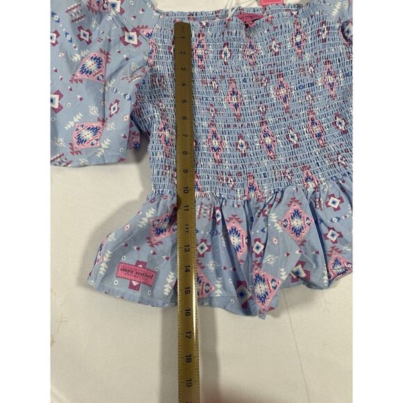 Simply Southern Women Shirred Blouse Blue Aztec Size Large Elastic Bust NWT - Picture 4 of 5